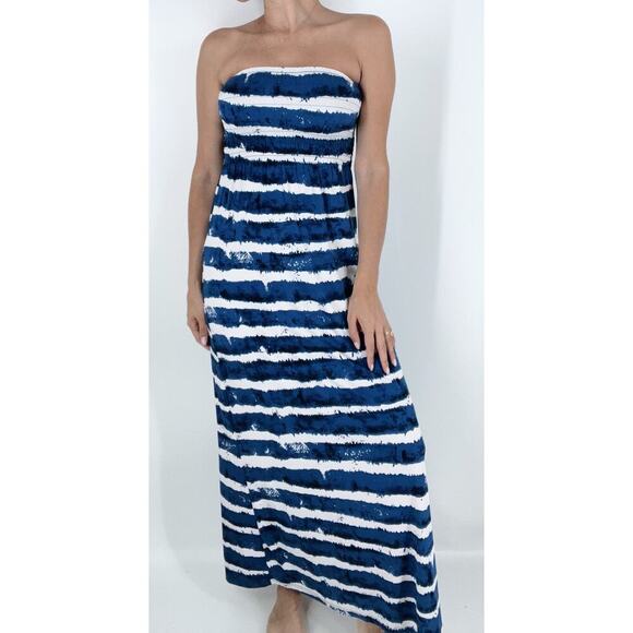 Geri C NY Smocked Blue Stripe Maxi Dress Size Small - Picture 1 of 4